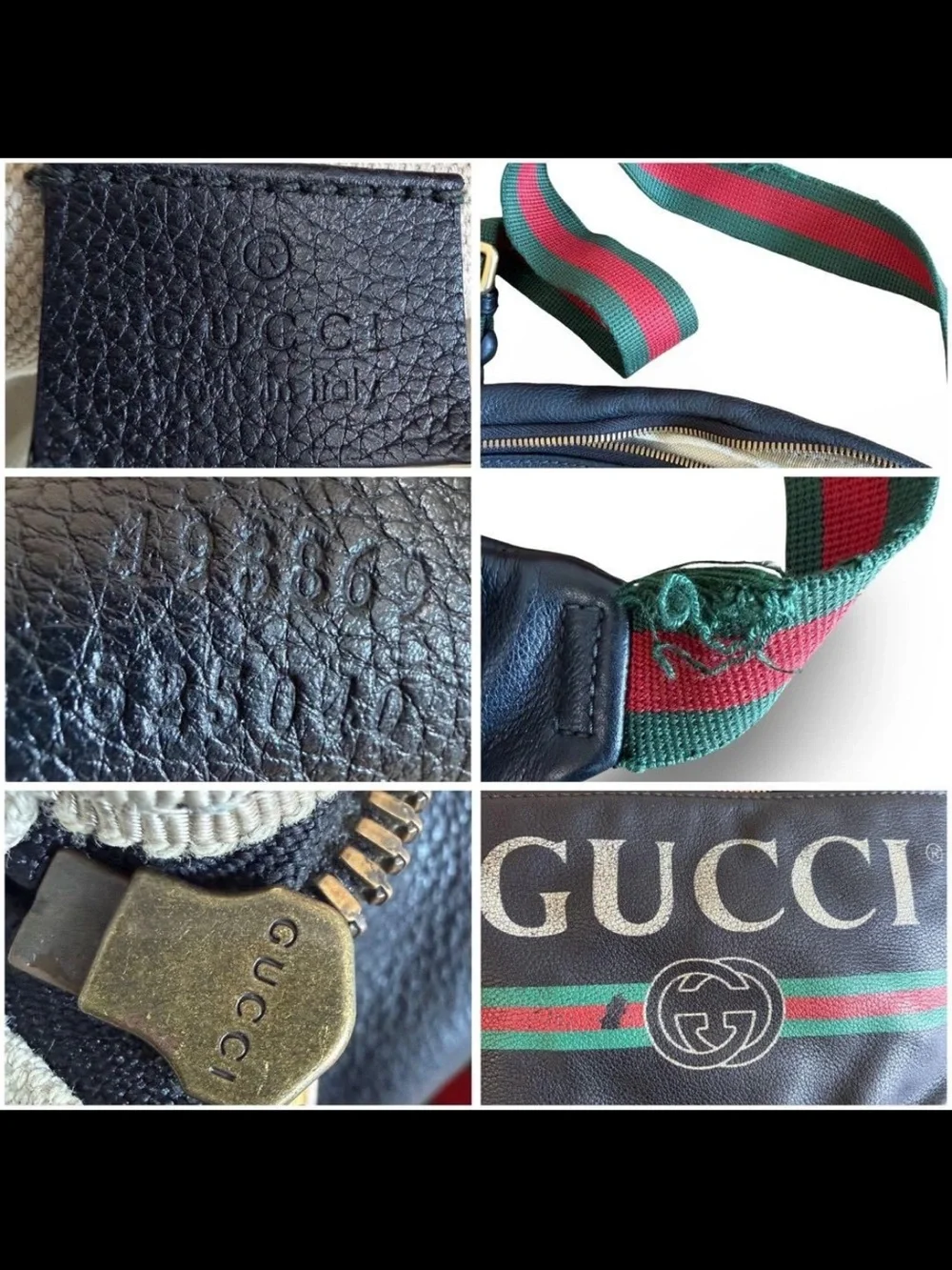 GUCCI Black Leather Logo Web Stripe Belt Bag